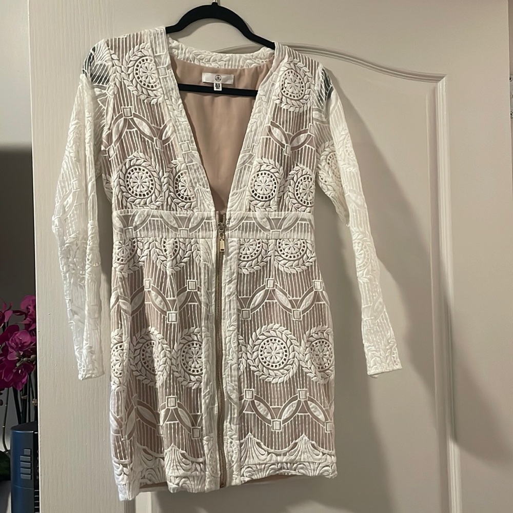 White embroidered deep V neck dress